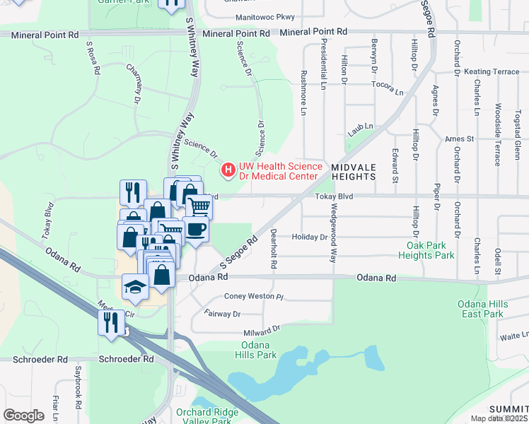 map of restaurants, bars, coffee shops, grocery stores, and more near 5 Bluebird Court in Madison