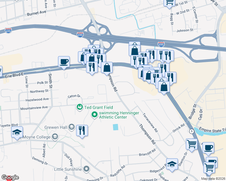 map of restaurants, bars, coffee shops, grocery stores, and more near 5827 Thompson Road in Syracuse