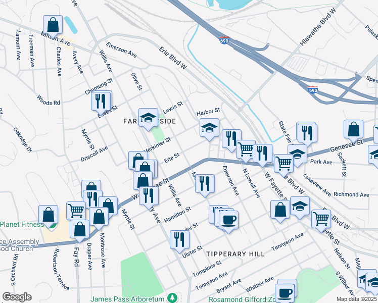 map of restaurants, bars, coffee shops, grocery stores, and more near 127 Erie Street in Syracuse