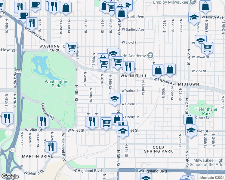 map of restaurants, bars, coffee shops, grocery stores, and more near 1718 North 36th Street in Milwaukee