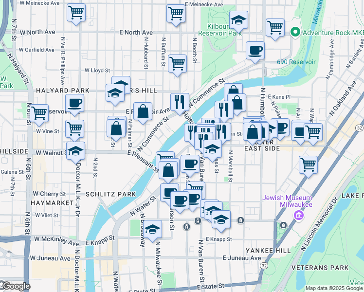 map of restaurants, bars, coffee shops, grocery stores, and more near 1709 North Water Street in Milwaukee