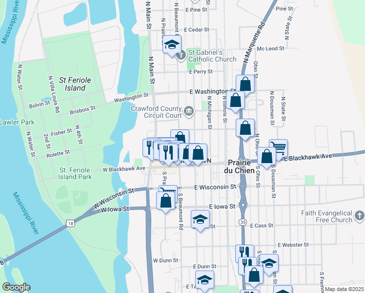 map of restaurants, bars, coffee shops, grocery stores, and more near 134 North Beaumont Road in Prairie du Chien