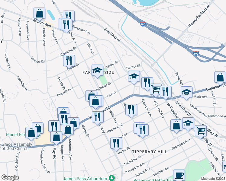 map of restaurants, bars, coffee shops, grocery stores, and more near 204 Erie Street in Syracuse