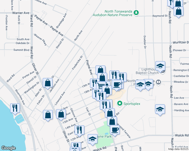 map of restaurants, bars, coffee shops, grocery stores, and more near 1101 Payne Avenue in North Tonawanda