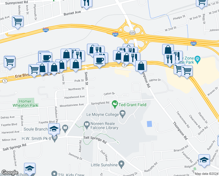 map of restaurants, bars, coffee shops, grocery stores, and more near 38 Caton Drive in Syracuse
