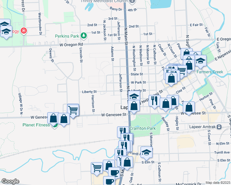 map of restaurants, bars, coffee shops, grocery stores, and more near 350 Adams Street in Lapeer