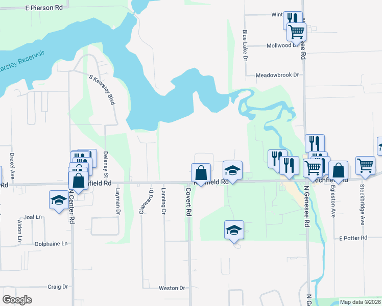 map of restaurants, bars, coffee shops, grocery stores, and more near 4237 Sugar Maple Run in Flint