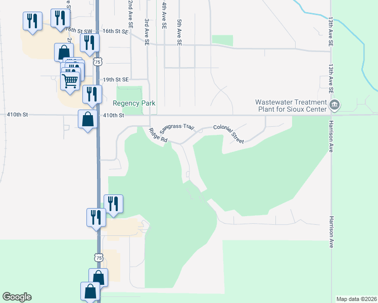 map of restaurants, bars, coffee shops, grocery stores, and more near 2595 Ridge Road in Sioux Center