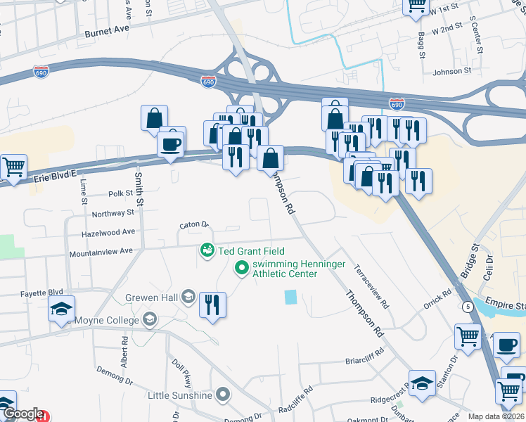 map of restaurants, bars, coffee shops, grocery stores, and more near 103 Masters Road in Syracuse