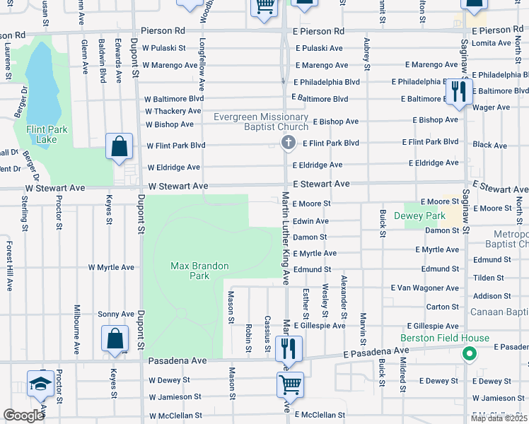 map of restaurants, bars, coffee shops, grocery stores, and more near 4121 Martin Luther King Avenue in Flint