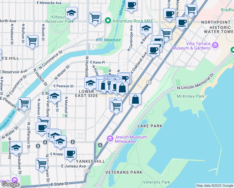 map of restaurants, bars, coffee shops, grocery stores, and more near E Brady St & N Warren Ave in Milwaukee