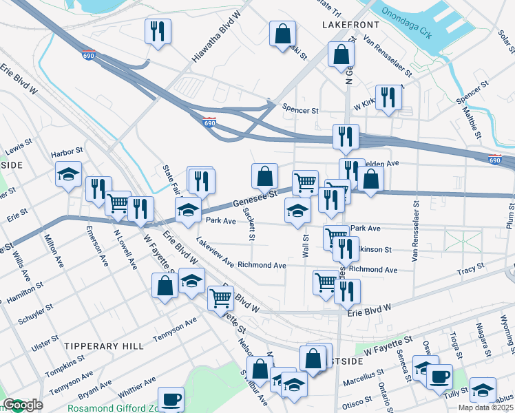 map of restaurants, bars, coffee shops, grocery stores, and more near 1215 West Genesee Street in Syracuse
