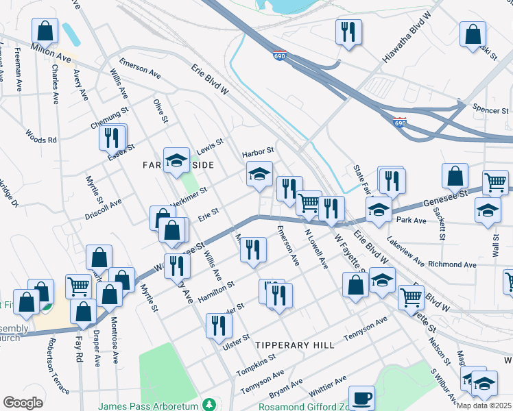 map of restaurants, bars, coffee shops, grocery stores, and more near 505 Emerson Avenue in Syracuse