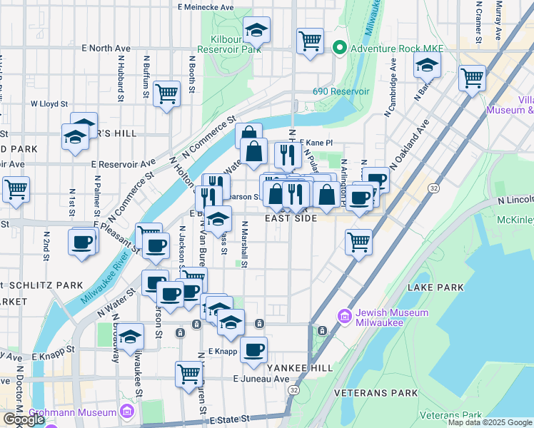 map of restaurants, bars, coffee shops, grocery stores, and more near E Brady St & N Astor St in Milwaukee
