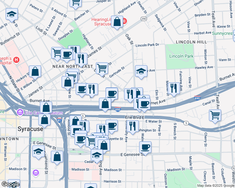 map of restaurants, bars, coffee shops, grocery stores, and more near 510 Hawley Avenue in Syracuse