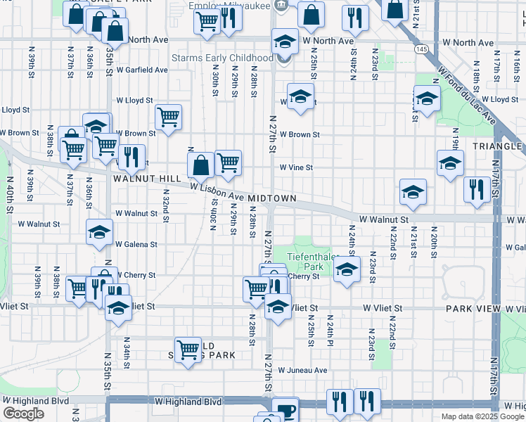 map of restaurants, bars, coffee shops, grocery stores, and more near 2714 West Walnut Street in Milwaukee