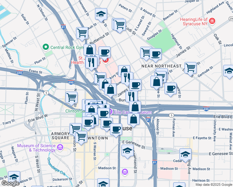 map of restaurants, bars, coffee shops, grocery stores, and more near 427 James Street in Syracuse