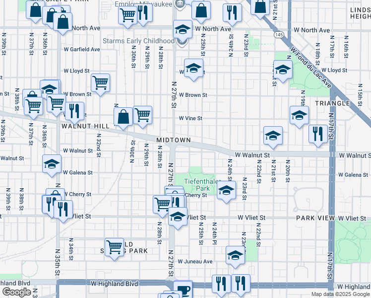 map of restaurants, bars, coffee shops, grocery stores, and more near 2608 West Walnut Street in Milwaukee