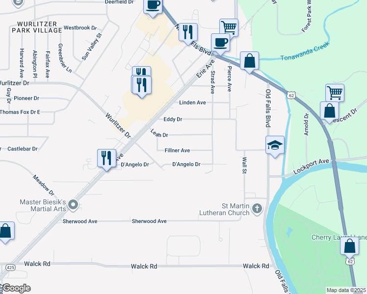 map of restaurants, bars, coffee shops, grocery stores, and more near 1688 Fillner Avenue in North Tonawanda