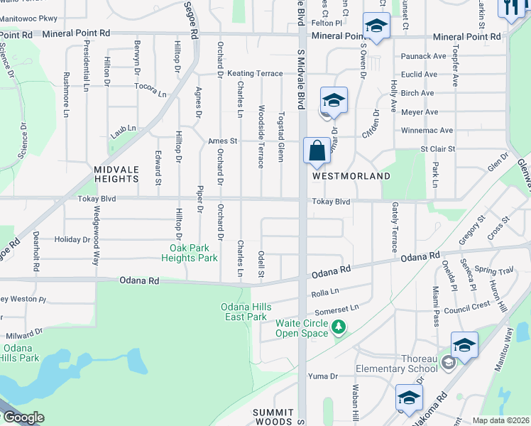map of restaurants, bars, coffee shops, grocery stores, and more near 4518 Wakefield Street in Madison