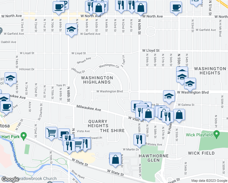 map of restaurants, bars, coffee shops, grocery stores, and more near 6319 West Washington Boulevard in Wauwatosa