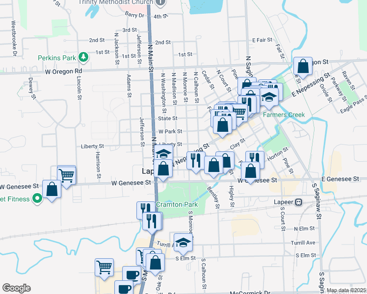 map of restaurants, bars, coffee shops, grocery stores, and more near 349 North Monroe Street in Lapeer