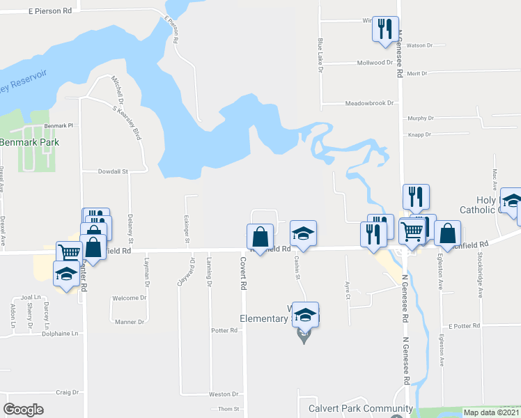 map of restaurants, bars, coffee shops, grocery stores, and more near 4255 Sugar Maple Run in Flint
