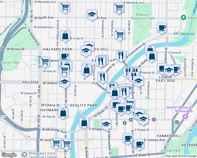 map of restaurants, bars, coffee shops, grocery stores, and more near Hubbard Street in Milwaukee