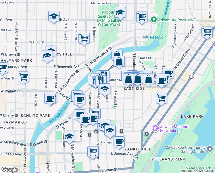 map of restaurants, bars, coffee shops, grocery stores, and more near E Brady St & N Cass St in Milwaukee