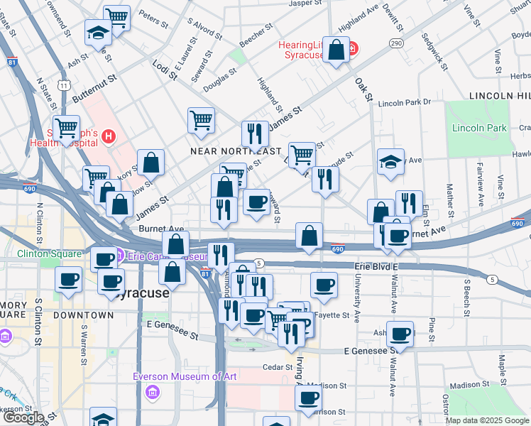 map of restaurants, bars, coffee shops, grocery stores, and more near 326 Hawley Avenue in Syracuse