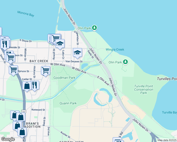map of restaurants, bars, coffee shops, grocery stores, and more near 122 East Olin Avenue in Madison
