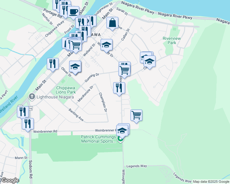 map of restaurants, bars, coffee shops, grocery stores, and more near 8614 Bell Crescent in Niagara Falls
