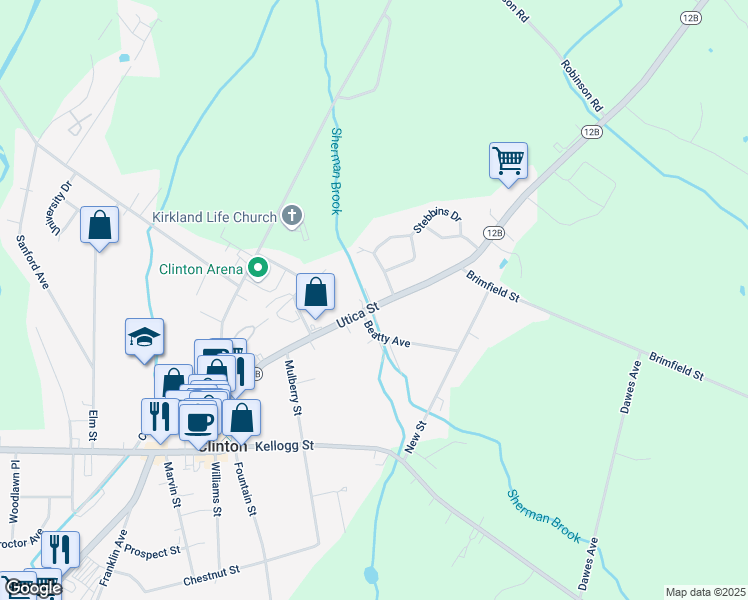 map of restaurants, bars, coffee shops, grocery stores, and more near 57 Utica Street in Clinton