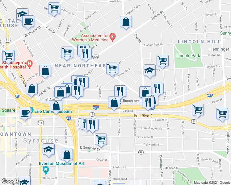 map of restaurants, bars, coffee shops, grocery stores, and more near 440 Hawley Ave in Syracuse