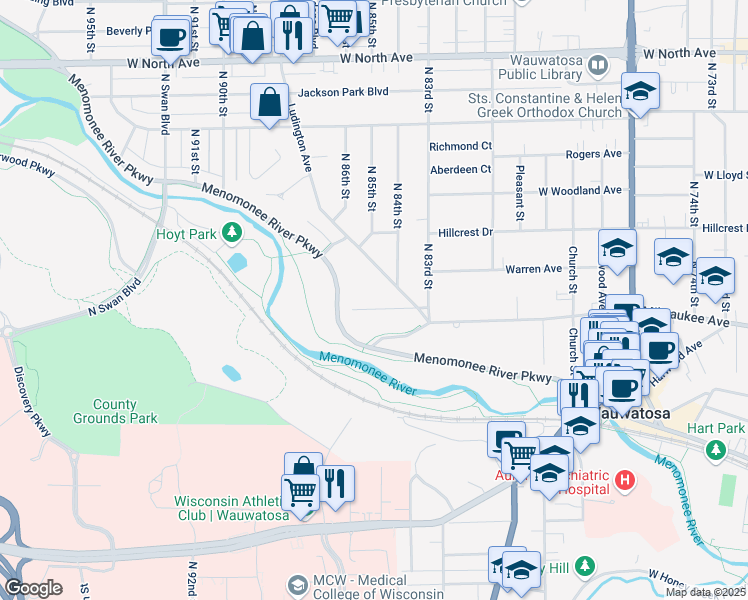 map of restaurants, bars, coffee shops, grocery stores, and more near 8434 Kenyon Avenue in Wauwatosa