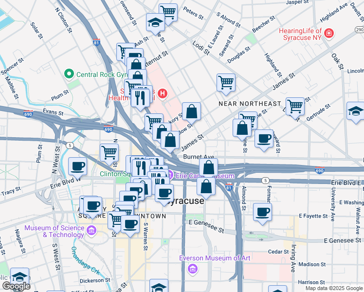 map of restaurants, bars, coffee shops, grocery stores, and more near 427 James Street in Syracuse