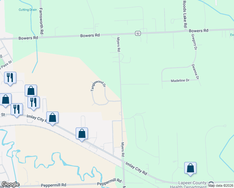 map of restaurants, bars, coffee shops, grocery stores, and more near 321 Myers Road in Lapeer