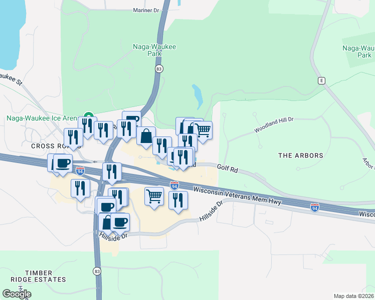 map of restaurants, bars, coffee shops, grocery stores, and more near 3131-3219 Golf Road in Delafield