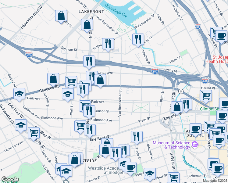 map of restaurants, bars, coffee shops, grocery stores, and more near 805 West Genesee Street in Syracuse