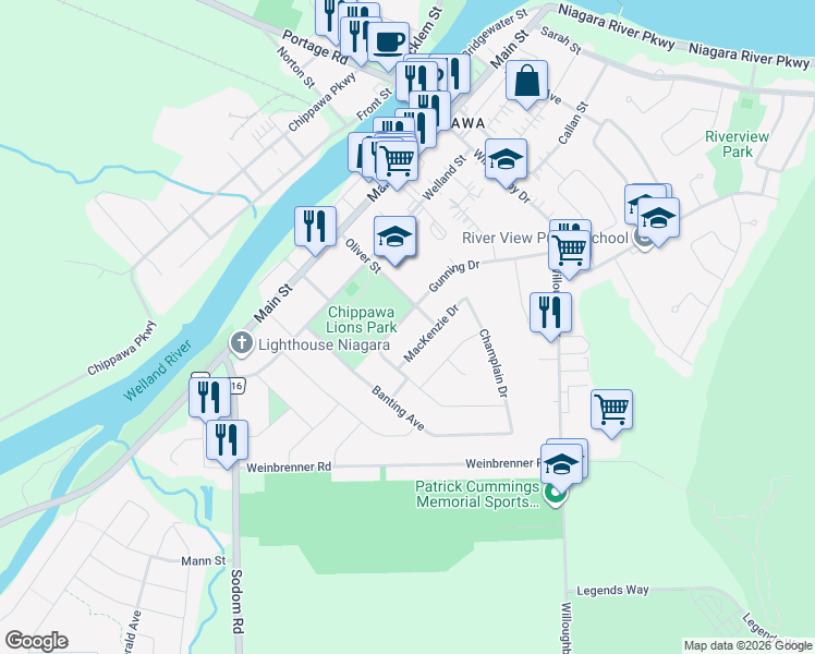 map of restaurants, bars, coffee shops, grocery stores, and more near 3824 Gunning Drive in Niagara Falls
