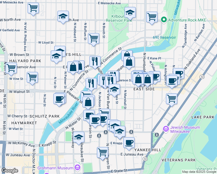 map of restaurants, bars, coffee shops, grocery stores, and more near in Milwaukee