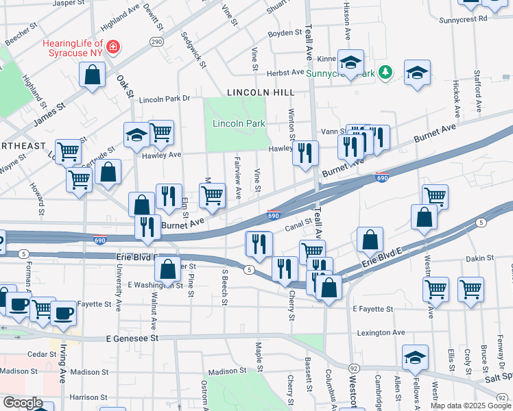 map of restaurants, bars, coffee shops, grocery stores, and more near 1006 Burnet Avenue in Syracuse