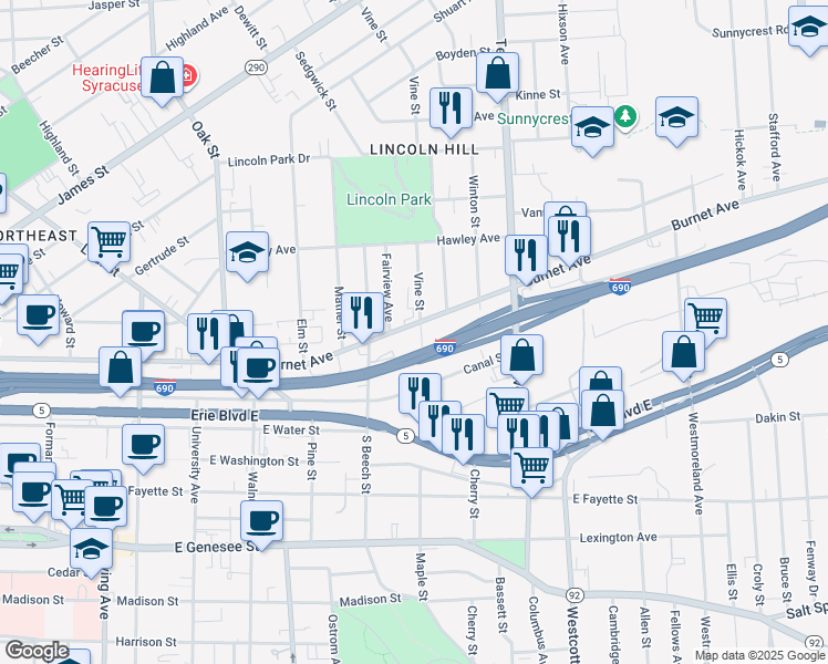 map of restaurants, bars, coffee shops, grocery stores, and more near in Syracuse