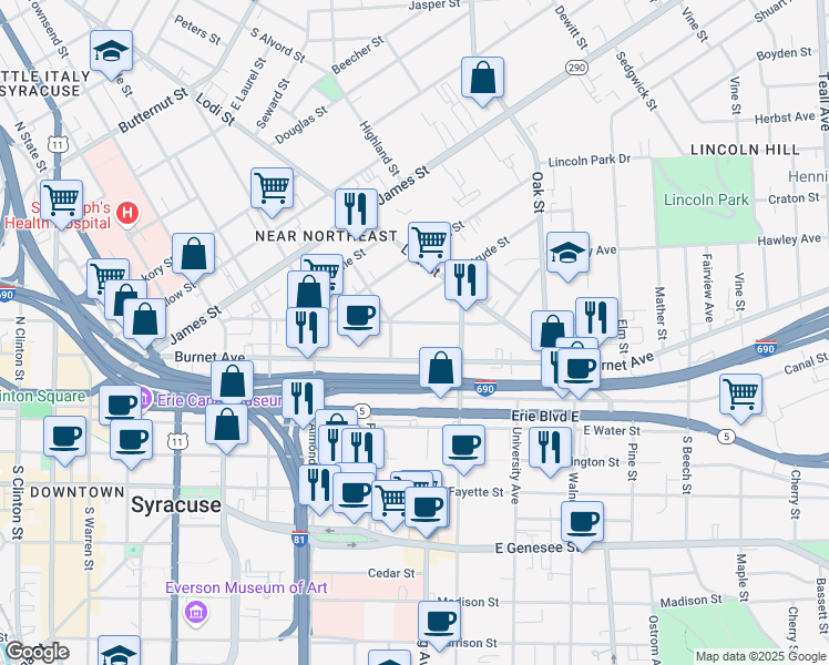 map of restaurants, bars, coffee shops, grocery stores, and more near 408 Hawley Avenue in Syracuse