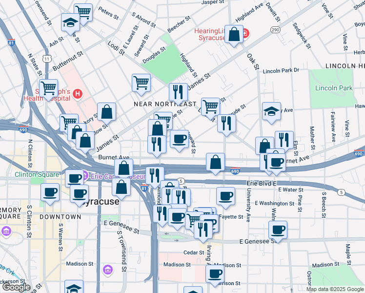 map of restaurants, bars, coffee shops, grocery stores, and more near 326 Hawley Avenue in Syracuse