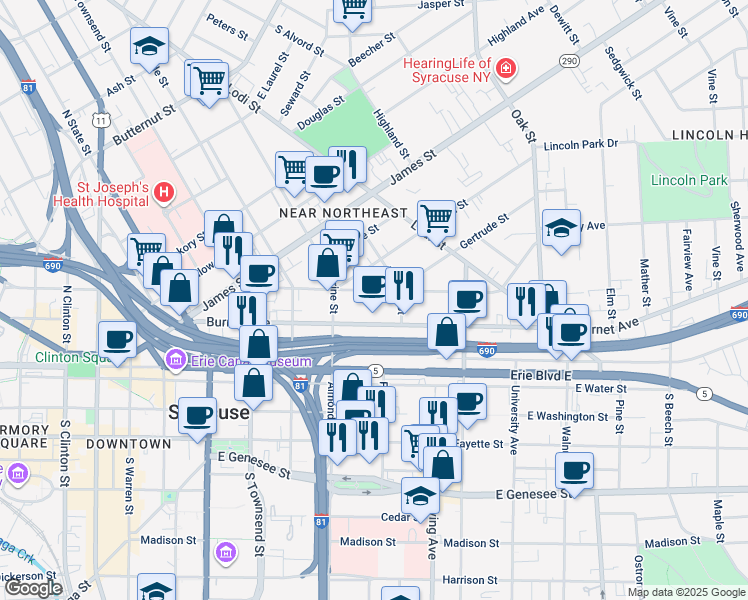 map of restaurants, bars, coffee shops, grocery stores, and more near 326 Hawley Avenue in Syracuse