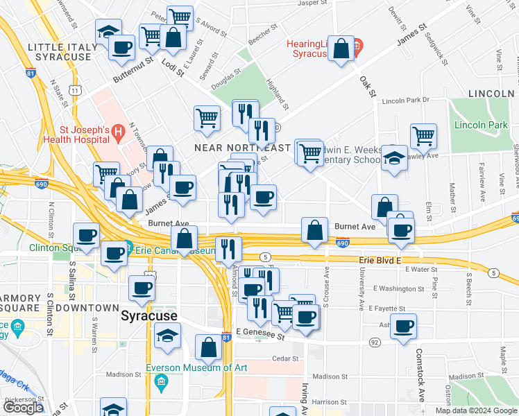 map of restaurants, bars, coffee shops, grocery stores, and more near 326 Hawley Avenue in Syracuse