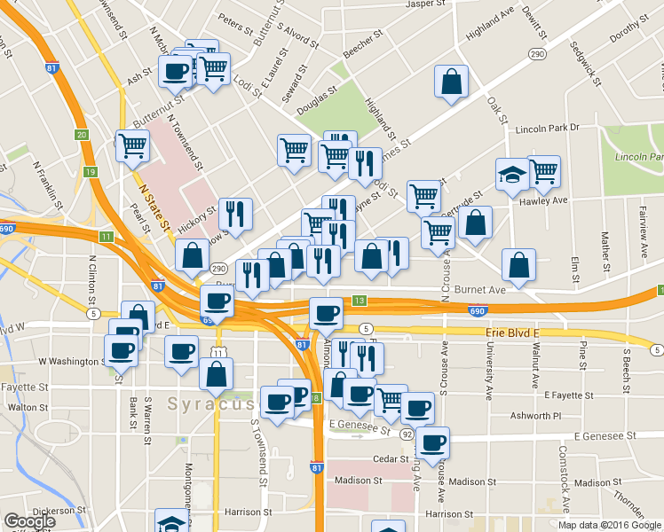 map of restaurants, bars, coffee shops, grocery stores, and more near 304 Hawley Avenue in Syracuse