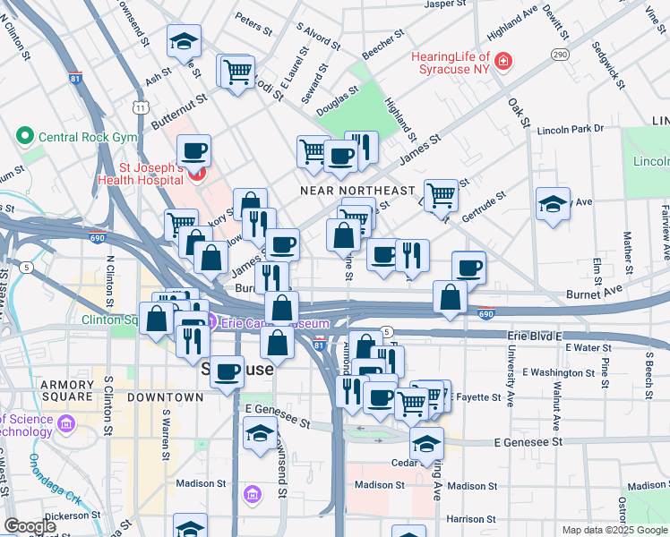 map of restaurants, bars, coffee shops, grocery stores, and more near 214 Hawley Avenue in Syracuse