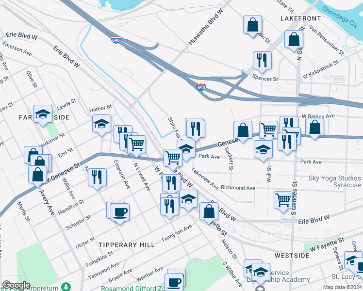 map of restaurants, bars, coffee shops, grocery stores, and more near 116-18 State Fair Boulevard in Syracuse